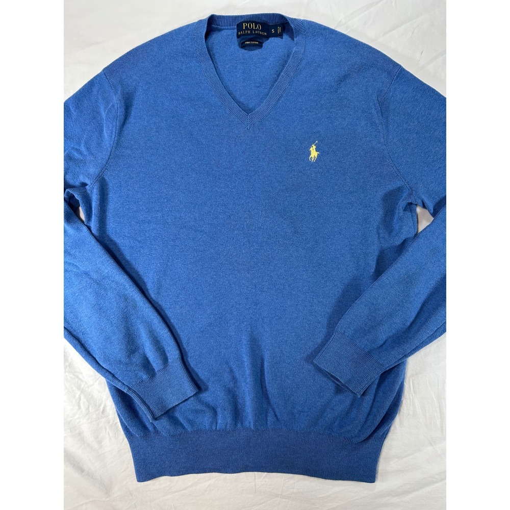 Polo Ralph Lauren Mens Pima Cotton V-Neck Sweater Blue Yellow Pony Small